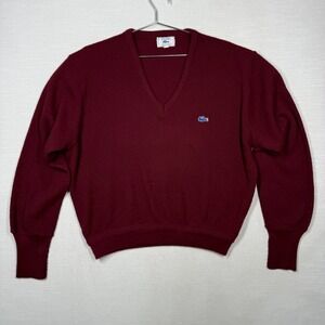 Vintage Izod Lacoste Sweater Men Large Maroon Knit V-Neck USA Acrylic 70s